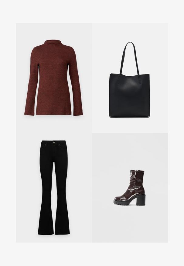 Pikendusega turtlekaelusega topp tekstuurse roostevärvi, millel on keha lihvitud siluett ja sile, pehme kangas.; Mustad kõrge vöökohtadega teksad, millel on nööp ja lukuga sulgemine, esikäe taskud ja laienevad sääred, asetatud tasasele valgele taustale.; Klakav läikiv burgundi värvi pahkluu saabas, millel on paks must konts, sile tekstuur ja lihtne disain. Nähtavad kinnitused või mustrid puuduvad.; Mustast nahast kott sujuva tekstuuriga, ristkülikukujuline ja kahe pika sangaga. Pole nähtavat riistvara ega kaunistusi.