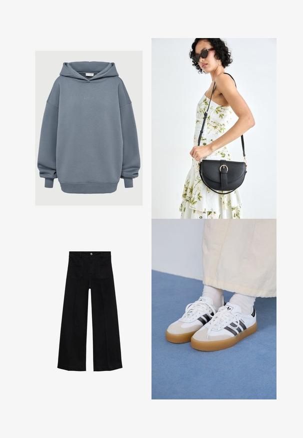 Luźna, zwiewna bluza w kolorze zakurzonego niebieskiego z ribbowanymi mankietami i dołem, przednią kieszenią typu kangaroo oraz małym, haftowanym napisem "LeGer" na klatce piersiowej.; Szerokie czarne dżinsy z wysokim stanem, kieszeniami z przodu, klamrami na pasek i zapięciem na guzik.; Białe sneakersy z czarnymi paskami i beżowymi zamszowymi akcentami. Posiadają teksturowaną gumową podeszwę i płaskie białe sznurowadła, noszone z jasnymi skarpetami.; Czarna skórzana torebka o zakrzywionym kształcie, z odpinanym paskiem i złotymi akcentami. Torebka posiada klapę z zapięciem w kształcie klamry.