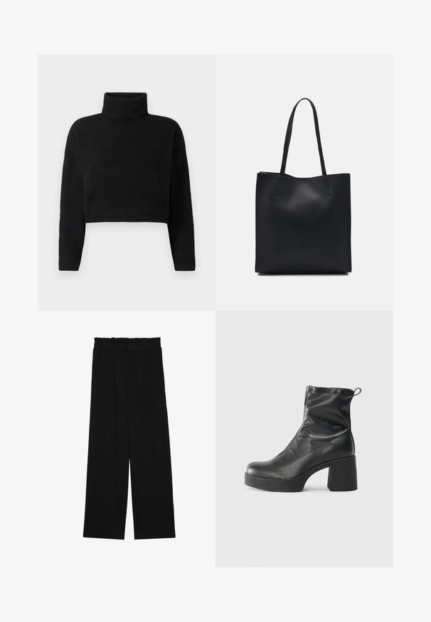 Melna īsajā adītajā džemperī ar augstu apkakli, garām piedurknēm un mīkstu faktūru. Vienkāršs dizains bez rakstiem vai redzamām detaļām.; Melnas platās bikses ar volangām jostasvietā, ar divām sānu kabatām un gludu, vieglu audumu. Nav redzamu rakstu vai aksesuāru.; Melni potītes zābaki, kas izgatavoti no gludas ādas, ar sānu rāvējslēdzēju, masīvu strukturētu papēdi un noapaļotu purngalu.; Melnas ādas somiņa ar gludu tekstūru, taisnstūra formu un divām garām rokturiem. Nav redzamu aparatūras vai rotājumu.