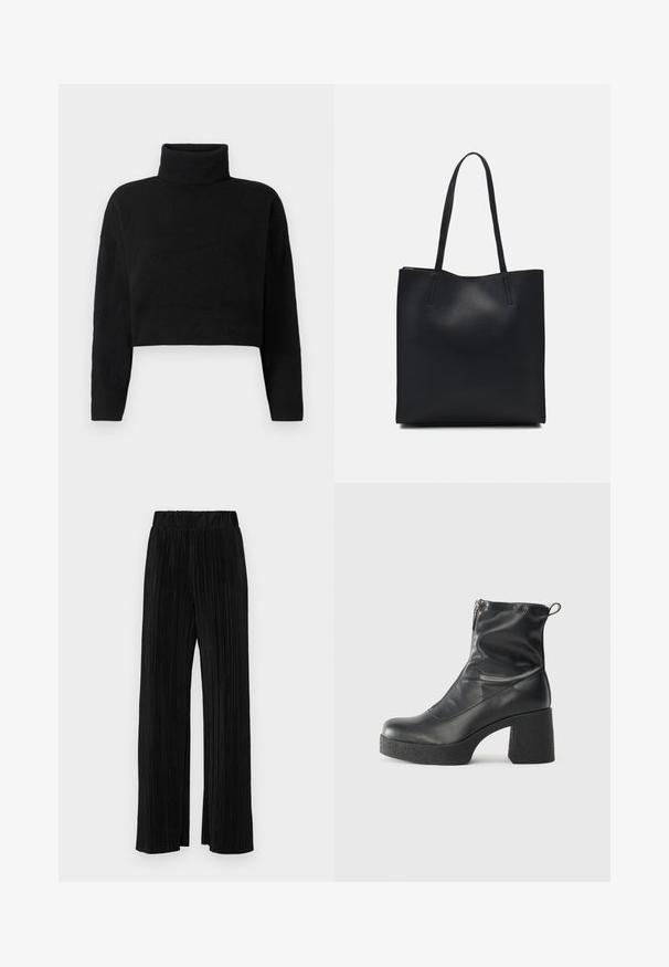 Schwarzer, kurz geschnittener Strickpullover mit hohem Rollkragen, langen Ärmeln und weicher Textur. Schlichtes Design ohne Muster oder sichtbare Beschläge.; Schwarze plissierte Hose mit elastischem Bund. Verfügt über weite Hosenbeine und einen glatten, strukturierten Stoff mit vertikalen Streifen.; Schwarze Stiefeletten aus glattem Leder mit seitlichem Reißverschluss, klobigem strukturiertem Absatz und runder Zehenform.; Schwarze Laptoptasche aus Leder mit glatter Textur, rechteckiger Form und zwei langen Griffen. Keine sichtbaren Beschläge oder Verzierungen.