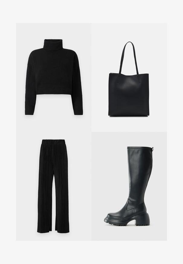 Musta lyhyt neulepusero korkealla kauluksessa, pitkissä hihoissa ja pehmeässä tekstuurissa. Yksinkertainen muotoilu ilman kuvioita tai näkyviä metalliosia.; Mustat pleatatut housut, joissa on joustava vyötärö. Ominaisuuksiin kuuluvat leveät lahkeet ja sileä, teksturoitu kangas, jossa on pystysuoria raitoja.; Korkeat mustat nahkakengät, joissa on paksu pohja ja lohkare korko, varustettuna vetonauhalla ja tekstuurilla ulkopohjassa.; Mustapahkainen kangaskassi, jossa on sileä pinta, suorakaiteen muotoinen ja kaksi pitkää kahvaa. Ei näkyvää metalliosaa tai koristeita.