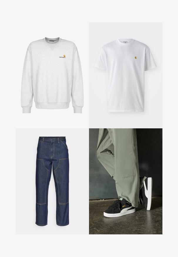 Grau Fleece-Sweatshirt mit Rundhalsausschnitt, gerippten Bündchen und Saum, mit einem kleinen braunen Carhartt-Logo auf der linken Brust.; Weißes Baumwoll-T-Shirt mit kurzen Ärmeln, Rundhalsausschnitt, mit einem kleinen goldenen Logo im linken Brustbereich. Weicher Stoff und normale Passform.; Dunkelblaue Jeans aus Denim mit hoher Taille, geradem Bein-Design, kontrastierenden Nähten und aufgesetzten Taschen auf der Vorderseite.; Schwarze Wildleder-Sneaker mit weißen Gummisohlen und seitlichen Streifen, kombiniert mit hellgrünen Cargo-Hosen, stehen auf einer strukturierten dunklen Oberfläche.