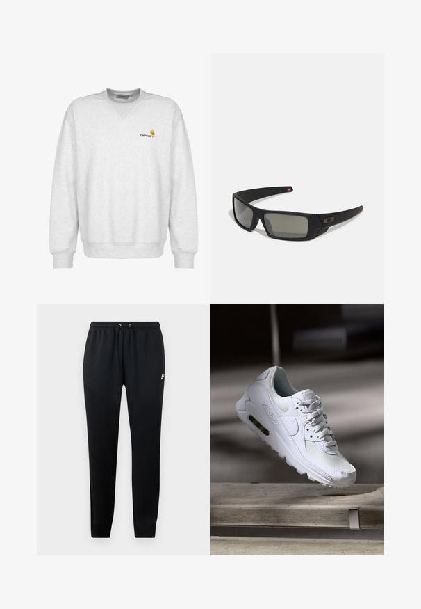 Grau Fleece-Sweatshirt mit Rundhalsausschnitt, gerippten Bündchen und Saum, mit einem kleinen braunen Carhartt-Logo auf der linken Brust.; Schwarze Jogginghose aus weichem Stoff, mit einem elastischen Bund und Kordelzug, gerippten Knöcheln und einem kleinen Logo-Detail an der Seite.; Weiße Nike Air Max 90 Sneaker mit einem Obermaterial aus Mesh und Leder, durchlässigem Zehenbereich und einer sichtbaren Air-Einheit in der Ferse.; Schwarze Sonnenbrille mit matter Oberfläche, rechteckigen Gläsern, leichtem Bogen an den Schläfen, dezentem Logo-Detail und rauchgetönten Gläsern.