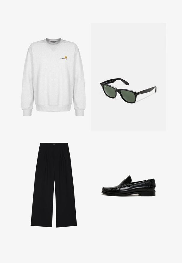 Grijze fleece sweatshirt met ronde hals, ribgebreide manchetten en onderkant, met een klein bruin Carhartt-logo op de linkerborst.; YOURTURN UNISEX - Broek - black; Zwarte leren loafers met een ronde neus, gestikte details langs de randen en een lage blokhak. Gladde textuur en minimalistisch ontwerp.; Zwarte plastic zonnebril met groene lenzen, vierkante montuur, zilveren accent op de wenkbrauw en een gestructureerde tempel. Merken vermeld op de binnenkant van de arm.