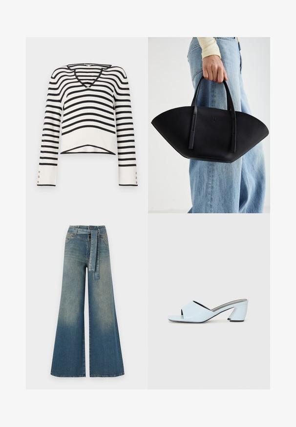Pull noir et blanc à rayures, design en V, manches longues avec accents de boutons, texture tricotée, ourlet court.; Pantalons en denim à jambe large présentant un dégradé de bleu clair à bleu foncé, taille haute, passants de ceinture et une ceinture en tissu assortie. Finition en denim texturé.; Mules à talons ouverts bleu clair avec un design géométrique, dotés d'une large bride sur le pied et d'un talon épais et angulaire.; Sac à main en cuir noir avec une forme de éventail unique, doté de poignées plates. La surface présente une texture granuleuse et un design minimaliste.