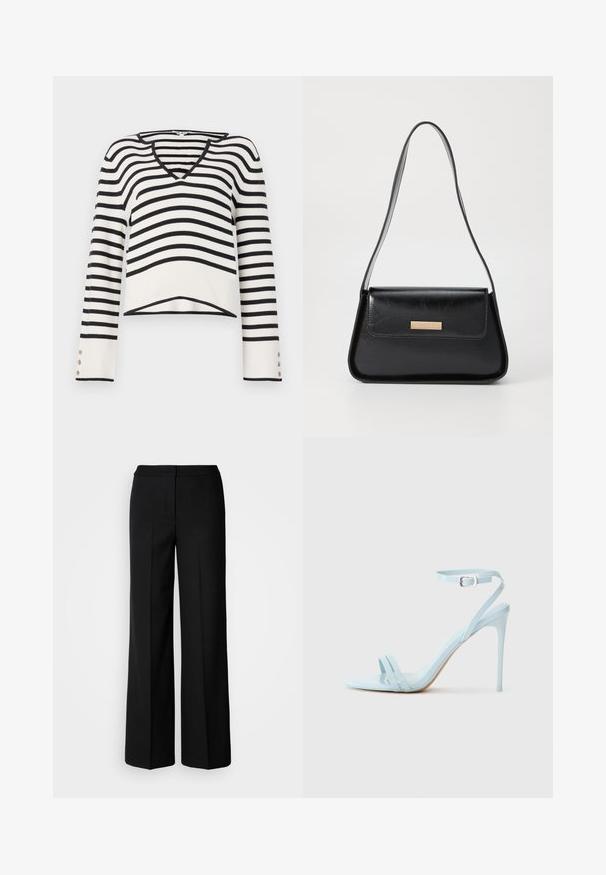 Maglione a righe bianche e nere, design a V, maniche lunghe con dettagli a bottoni, texture lavorata a maglia, orlo corto.; Pantaloni neri a gamba larga in tessuto morbido, con vita alta, cuciture sartoriali e design minimalista. Nessuna ferramenta visibile o tasche.; Sandal con tacco stiletto azzurro chiaro con due cinturini davanti e cinturino alla caviglia, realizzato in materiale laccato lucido, dotato di un tacco sottile e design minimale.; Borsa a mano in pelle nera con una forma triangolare strutturata, fasciatura sottile e finiture dorate con una placca con logo sul flap anteriore.