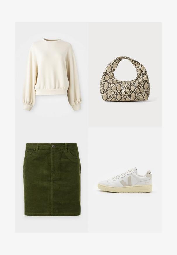 Kremasti dukserica s okruglim izrezom, rebrastim rubom i balonskim rukavima. Izrađena od glatkog, laganog materijala.; Tamnozeleni kordurovni minj s ravnim krojem, sa dizajnom od pet džepova i metalnim dugmetom za zatvaranje u struku.; Bijele kožne tenisice s bež nubuk naglascima, perforiranim prednjim dijelom, ravnim čipkama i teksturiranom kremastom potplatom. Sadrži suptilni brend na pete.; Torba s uzorkom zmije s zakrivljenom drškom. Izrađena od teksturiranih materijala u bež i smešnim tonovima, sa karakterističnim dijamantnim uzorkom.
