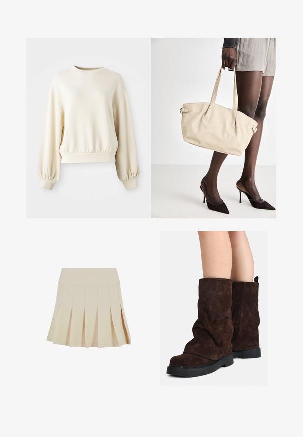 Kermanvärinen huppari, jossa on pyöreä kaula-aukko, ribbireunus ja pallomaiset hihat. Valmistettu sileästä, kevyestä kankaasta.; Beige hame plisat dengan pinggang yang pas, terbuat dari fabric yang halus. Memiliki beberapa plis vertikal dan hem yang lurus.; Brown suede saapaat keskimittaisilla varrella, mustilla kumipohjilla, käytettyinä paljailla jaloilla, joissa on havaittavissa kevyitä ryppyjä saappaiden varrella.; Beige kassi, jossa on sileä nahkapinta, jämäkkä muoto, kaksi kahvaa ja sivuilla solkdetaljointi. Yhdistettynä tyylikkäisiin mustiin korkokenkiin.; Kermainen pehmustettu pääpanta, jossa on kiertävä muotoilu, yhdistettynä beige-valkoraidalliseen puseroon, jossa on pyöreä pääntie. Huomaamaton koruasu.