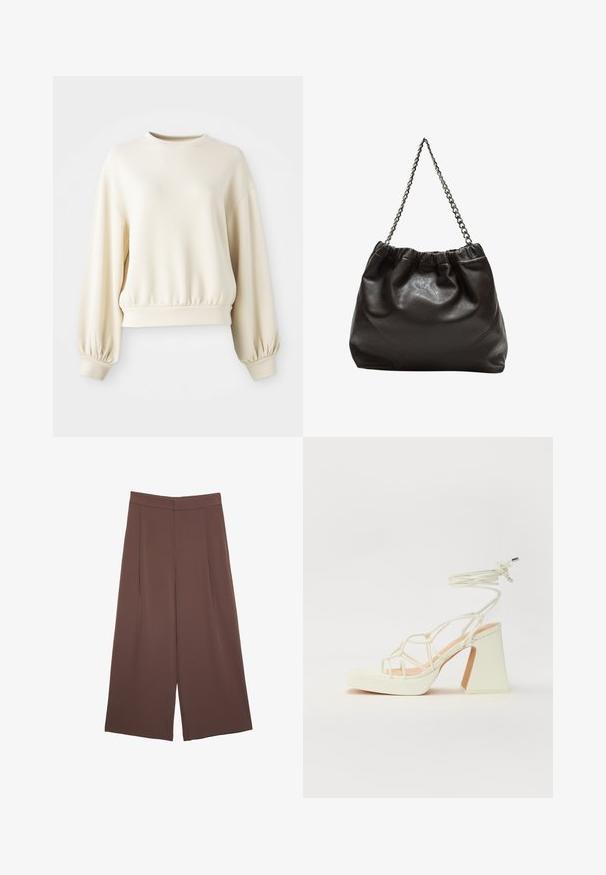Cremfarbener Sweatshirt mit rundem Halsausschnitt, geripptem Saum und Ballonärmeln. Hergestellt aus einem glatten, leichten Stoff.; Braune Weite-Leg-Hosen mit einer glatten Textur, hoher Taille und Vorderfalten. Der Stoff ist leicht und fällt locker.; Weiße High-Heel-Sandale mit einem klobigen Absatz, die über ein Riemchendesign und ein Knöchelband verfügt. Glatte Textur mit einer Plattform vorne für zusätzliche Höhe.; Braune Lederhandtasche mit gerafftem Oberteil und Kettenriemen. Glatte Textur mit glänzendem Finish und subtilen Nahtdetails an den Seiten.