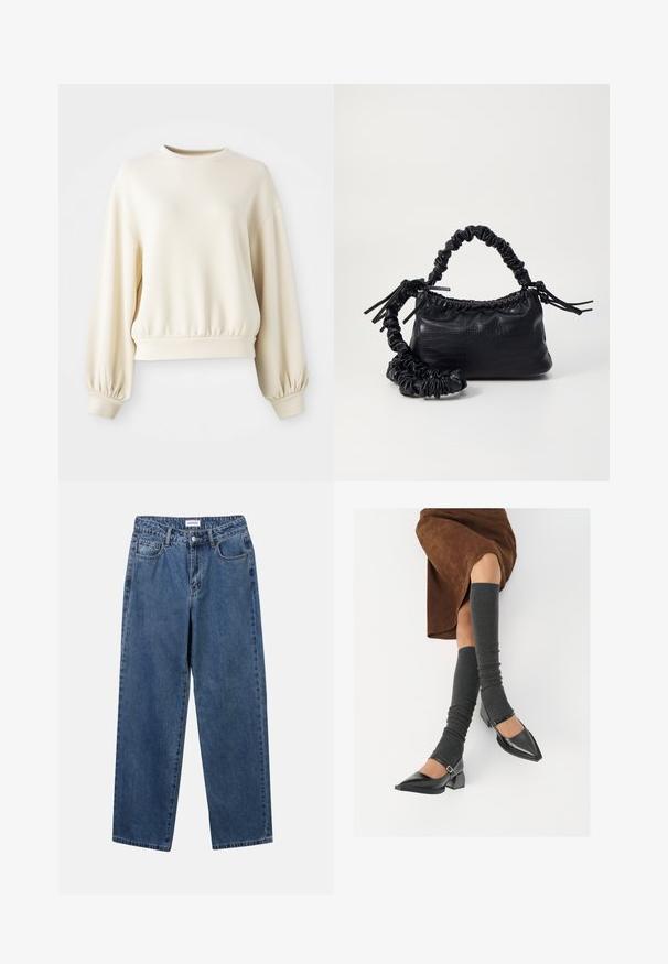 Cream-colored sweatshirt with a round neckline, ribbed hem, and balloon sleeves. Made from a smooth, lightweight fabric.; Classic blue denim jeans with a straight-leg design, five pockets, and a button closure. Features a medium wash and sturdy texture.; Black patent leather pointed-toe shoes with a block heel and ankle strap, paired with gray ribbed leg warmers and a brown suede skirt.; Black faux leather handbag with a crocodile texture, cinched top, and a scrunched strap. Appears soft and compact in design.