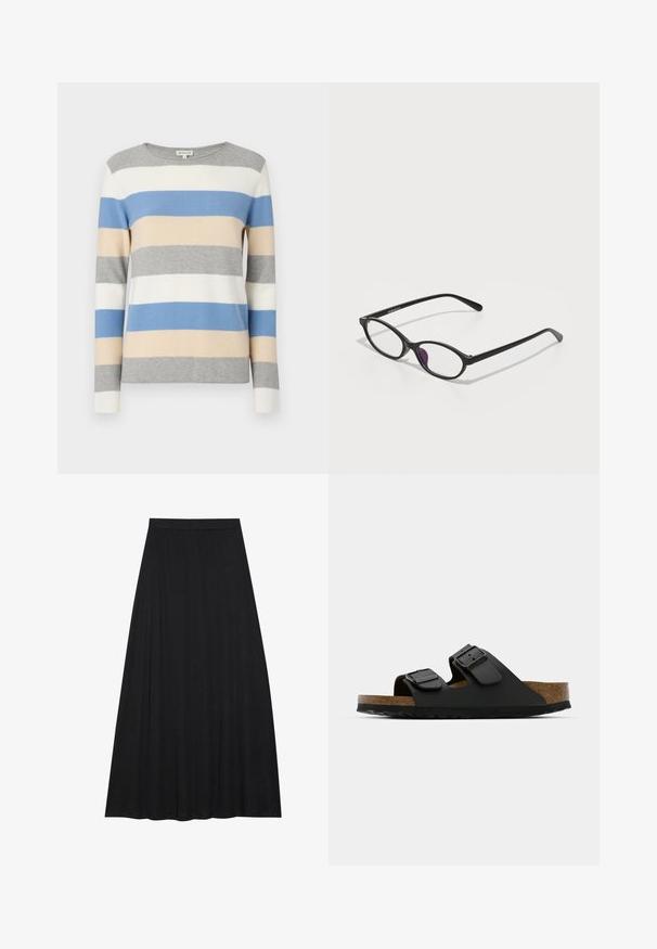 Stripet genser i grått, hvitt, blått og beige. Myk strikket materiale, lange ermer og rund halslinning. Gående striper i varierende bredde.; Svart maxiskjørt laget av myk, flytende stoff. Det har elastisk midje og en full, A-linje silhuett med en jevn tekstur.; Svart sanda med to stropper og justerbare spenner, kork fotbed og teksturert gummisåle. Har et flatt, åpent design for enkel bruk.; Svarte plastbriller med oval form, med klare linser og en lilla aksent på venstre linse. Slank, minimalistisk design.