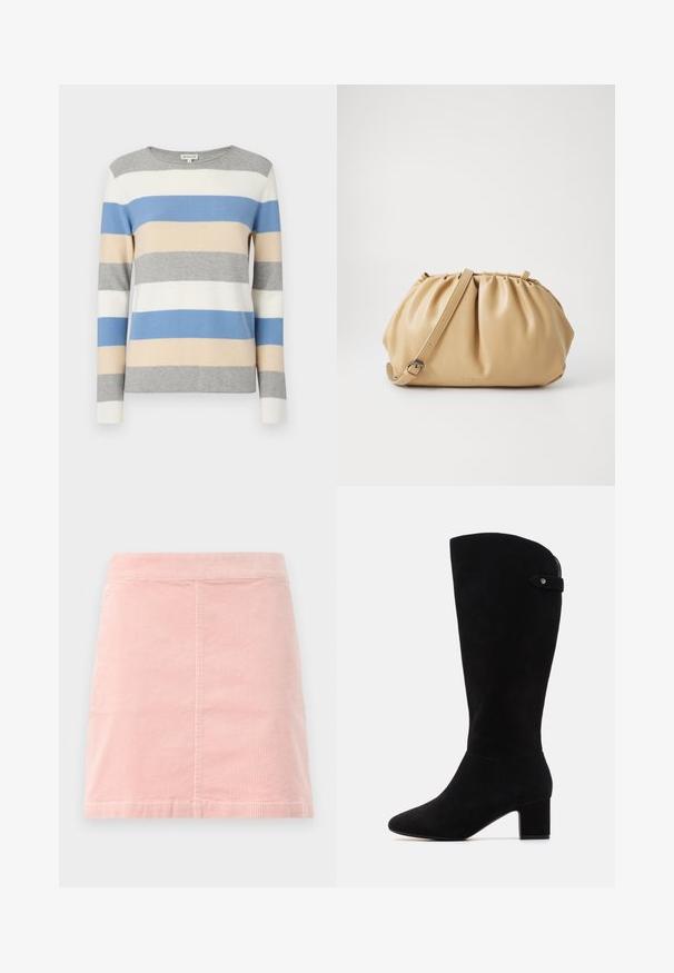 Raidallinen neuleharmaa, valkoinen, sininen ja beige. Pehmeä neulemateriaali, pitkät hihat ja pyöreä kaula-aukko. Vaakasuorat raidat vaihtelevilla leveydellä.; Vaaleanpunainen corduroy-minihame, jossa on istuva vyötärö ja pystysuora ribbitekstuuri. Helma on suora, ja siinä on yksinkertainen muotoilu ilman koristeita.; Mustat mokkanahasta valmistetut polvipituiset saappaat, joissa on terävä kärki ja lohkarekorko. Saappaat ovat sileäpintaiset ja yksinkertaisissa muodoissa, aksenttina on sivuhihna.; Käsintehty ruskea nahkakäsilaukku, jossa on poimutettu muotoilu, säädettävä olkahihna ja pyöreä muoto. Minimalistinen brändäys etupinnalla.