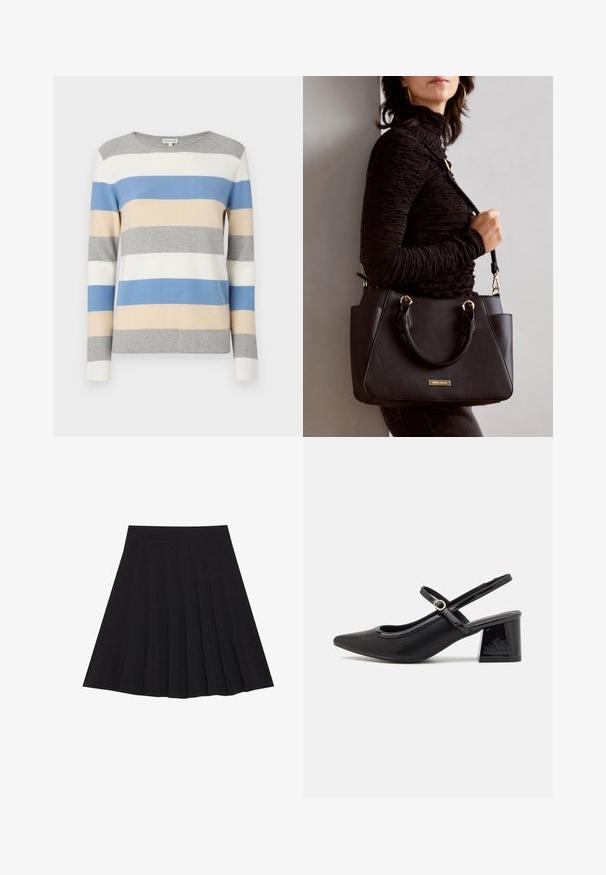 Striped sweater in gray, white, blue, and beige. Soft knit material, long sleeves, and a round neckline. Horizontal stripes in varying widths.; Black pleated skirt made of textured fabric with a fitted waistband. Falls to knee length, featuring a smooth, clean silhouette.; Black patent leather slingback heels with a pointed toe, a rounded cutout design, and a block heel. Features a gold-tone buckle accent.; Black handbag with textured surface, dual top handles, and adjustable shoulder strap. Features gold-tone hardware and side pockets.