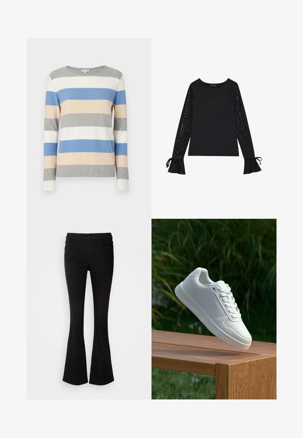 Striped sweater in gray, white, blue, and beige. Soft knit material, long sleeves, and a round neckline. Horizontal stripes in varying widths.; Black top with solid body and sheer, flared sleeves. Features tie accents at the cuffs. Made from smooth fabric with a fitted design.; Black flared pants made of stretch fabric, featuring a waistband with belt loops and front pockets, smooth texture, and a tailored fit to the knee.; White sneaker with a smooth synthetic upper, perforated toe box, flat laces, and a textured sole, displayed on a wooden surface.