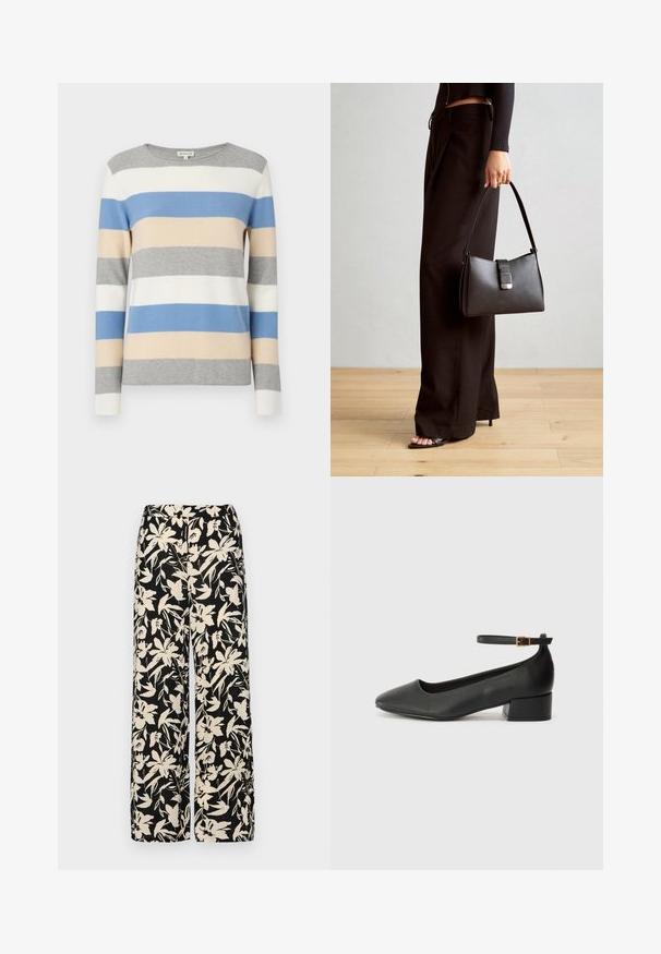 Stribet sweater i grå, hvid, blå og beige. Blødt strikmateriale, lange ærmer og rund halsudskæring. Vandrette striber i varierende bredder.; Sort kortærmet top lavet af glat materiale, med en peplum-design og en bælte i taljen med to runde, sølvfarvede knapper.; Sorte vide bukser med et mønster af cremefarvede blomster. Lavet af letvægtsstof, som har en glat tekstur og en høj talje.; Sorte læderpumper med spids tå og en lav blokhæl. Har en ankelrem med en guldfarvet spænde. Glat tekstur.; Sort håndtaske med struktureret form, glat overflade og metalspænde. Sammen med brede sorte bukser og sandaler med åben tå på trægulv.