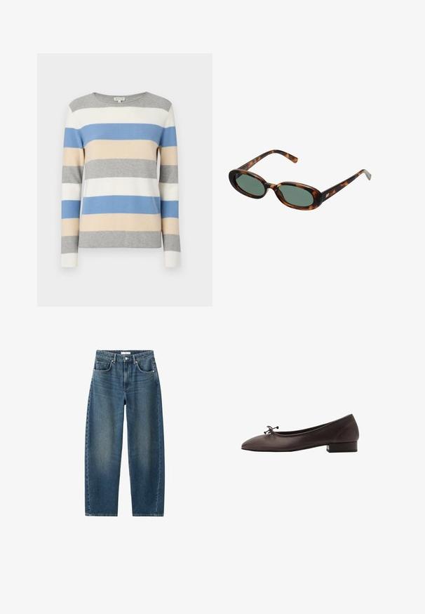 Stribet sweater i grå, hvid, blå og beige. Blødt strikmateriale, lange ærmer og rund halsudskæring. Vandrette striber i varierende bredder.; Mørkeblå denim-jeans med lige ben, fem-lomme design og klassisk knaplukning. Blød tekstur med subtil falmning.; Brune læder balletflade med rund tå og lille blokhæl. Har en tynd sløjfe foran og diskrete syningsdetaljer.; Skildpaddemønstrede solbriller med ovale stel og grønne linser. Har tynde arme med en metallisk detalje nær hængslerne.; Vævet gul håndtaske med et buet topgreb og en ustruktureret form. Den teksturerede overflade har et krydsmønster over hele.