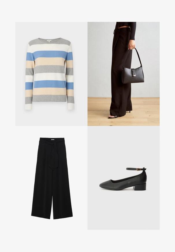 Svītrainš džemperis pelēkā, baltā, zilā un bēšā krāsā. Mīksts adījums, garas piedurknes un apaļa kakla izgriezuma forma. Horizontālas svītras dažādās platumos.; Melni platleņķa bikses ar teksturētu audumu, elastīgu jostu un noņemamu siksnu viduklī, kas nodrošina regulējamu piegulšanu.; Melnas ādas sūkņi ar smailu purngalu un zemu bloku papēdi. Iezīmēts ar potītes siksniņu ar zelta krāsas sprādzi. Gluda tekstūra.; Melnā somiņa ar strukturētu formu, gludu tekstūru un metālu sprādzi. Saskaņota ar platām melnām biksēm un sandālēm ar atvērtu purngalu uz koka grīdas.