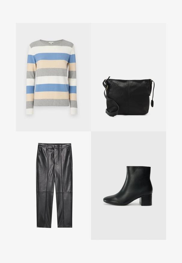Maglione a righe in grigio, bianco, blu e beige. Materiale in morbido maglione, maniche lunghe e scollatura tonda. Righe orizzontali di diverse larghezze.; Pantaloni in pelle nera con una texture liscia, caratterizzati da un fit dritto, due tasche frontali e dettagli delle cuciture in evidenza.; Stivali neri in pelle fino alla caviglia con punta appuntita e tacco spesso. Texture liscia con minimi dettagli e un design elegante e aderente.; Borsa a tracolla in pelle nera con forma piatta, dettagli in metallo dorato e tracolla regolabile. Texture liscia con dettagli di cucitura minimi.