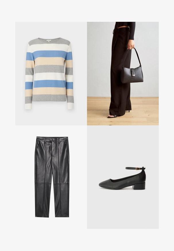 Striped sweater in gray, white, blue, and beige. Soft knit material, long sleeves, and a round neckline. Horizontal stripes in varying widths.; Black leather trousers with a smooth texture, featuring a straight fit, two front pockets, and visible seam detailing.; Black leather pump with a pointed toe and a low block heel. Features an ankle strap with a gold-tone buckle. Smooth texture.; Black handbag with structured shape, smooth texture, and a metallic clasp. Paired with wide black pants and open-toe sandals on wooden floor.