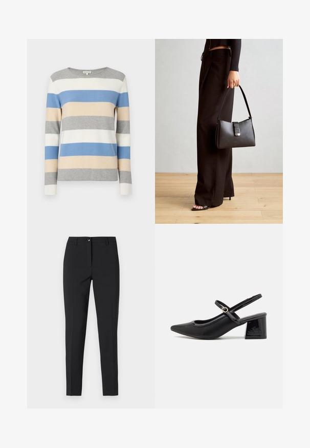 Suéter a rayas en gris, blanco, azul y beige. Material de punto suave, mangas largas y cuello redondo. Rayas horizontales de diferentes anchos.; Pantalones negros ajustados de tela suave, con una cinturilla clásica, cremallera frontal y bolsillos laterales, todo en un diseño elegante y a medida.; Tacones slingback de charol negro con punta afilada, un diseño de corte redondeado y tacón bloque. Incluye un detalle de hebilla en tono dorado.; Bolso negro con forma estructurada, textura suave y un cierre metálico. Combinado con pantalones anchos negros y sandalias de dedo en un suelo de madera.