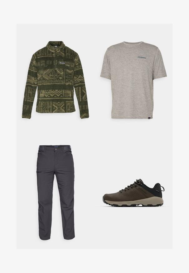 Sudadera de forro polar de color verde oliva con un patrón, medio zip y parche con el logo de Columbia en el bolsillo del pecho.; Camiseta gris de manga corta hecha de una tela suave y texturizada, que presenta un pequeño logotipo azul de Patagonia en el lado izquierdo del pecho. Sin patrones adicionales.; Pantalones oscuros de color gris, hechos de un tejido duradero, que cuentan con un bolsillo con cremallera, corte recto y trabillas para cinturón para un ajuste ajustable.; Zapatillas impermeables marrones con parte superior texturizada, acentos perforados, soporte para el talón negro y suela de goma gris. Los cordones tienen extremos metálicos.