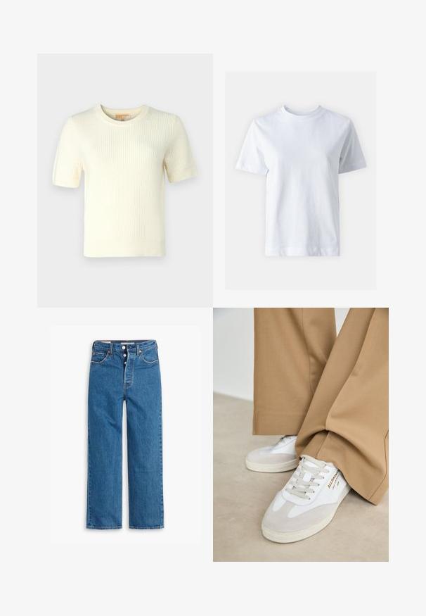 Kurzärmliger, cremefarbener Strickpullover mit geripptem Design, rundem Ausschnitt und leicht verkürzter Passform, der ein klares, minimalistisches Design aufweist.; Weißes Baumwoll-T-Shirt mit Rundhalsausschnitt, kurzen Ärmeln, gerader Schnittführung und glatter Textur. Keine Muster oder Verzierungen.; Blaue Denim-Jeans mit geradem Bein, hoher Taille, fünf Taschen und Knopfverschluss. Auffällige Nähte und Nieten in Kupferfarbe.; Weiße Sneakers mit Wildlederakzenten, strukturierten Schnürsenkeln und einer Gummisohle. Kombiniert mit lockeren, sandfarbenen Hosen. Logo an der Seite angebracht.