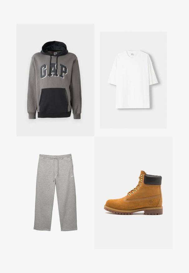 Grauer Hoodie mit einer schwarzen Kängurutasche, trägt das "GAP" Logo in fetten Buchstaben über der Brust und eine Kordelzugkapuze.; Weißes kurzärmliges T-Shirt aus Baumwolle mit Rundhalsausschnitt und lockerer Passform. Glatte Textur, ohne sichtbare Muster oder Akzente.; Graue Sweatpants aus weichem Stoff mit elastischem Bund, verstellbarem Kordelzug und Seitentaschen. Mit einem kleinen weißen Logo.; Beige Wildleder-Ankle-Boot mit schwarzem gepolstertem Kragen, goldenen Metallösen, weißen Nähdetalben und einer robusten Gummisohle mit ausgeprägtem Profil.