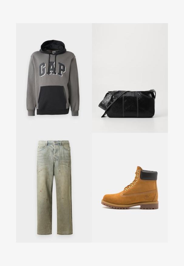 Šedá mikina s černou klokankou, má výrazné logo "GAP" v tučných písmenech přes hrudník a kapuci se stahovací šňůrkou.; Odstřižené džíny v světle zelené barvě, se rovnými nohavicemi, pěti kapsami a nerovnoměrným vyblednutím s barevnými skvrnami.; Hnědé semišové kotníkové boty s černým polstrovaným límcem, zlatými kovovými očky, bílým prošíváním a odolnou gumovou podrážkou s výraznými drážkami.; Černá kožená kabelka přes rameno se zapínáním na zip, s texturovaným tělem, bílým prošíváním a popruhem se stříbrnými očky.