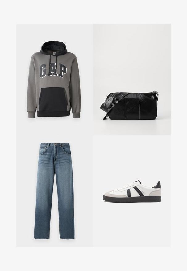Felpa grigia con tasca a marsupio nera, presenta il logo "GAP" in lettere bold sul petto e un cappuccio con coulisse.; Jeans in denim blu a gamba dritta con un lavaggio sbiadito, dotati di cinque tasche, bottone in metallo e passanti per cintura. Tessuto strutturato di peso medio.; Sneaker bianco con accenti neri e grigi, dotata di una punta grigia testurizzata, suola in gomma nera e lacci bianchi piatti. Design pulito, stile minimalista.; Borsa a spalla in pelle nera con chiusura a zip, caratterizzata da un corpo testurizzato, cuciture bianche e una tracolla con occhielli in argento.