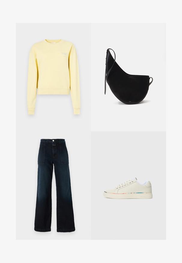 Yellow cropped sweatshirt made of soft fabric, featuring long sleeves and a round neckline. Text printed in light blue on the front.; Dark blue wide-leg jeans made of denim, featuring a high waist, front pockets, and a front button closure. Smooth texture with a slight fade.; Off-white low-top sneaker with lace-up design, white interior lining, and subtle multicolor trim along the sole edge, side view.; Black leather handbag with a curved moon shape, featuring a slim strap and subtle gold branding on the front. Smooth texture with minimal hardware.