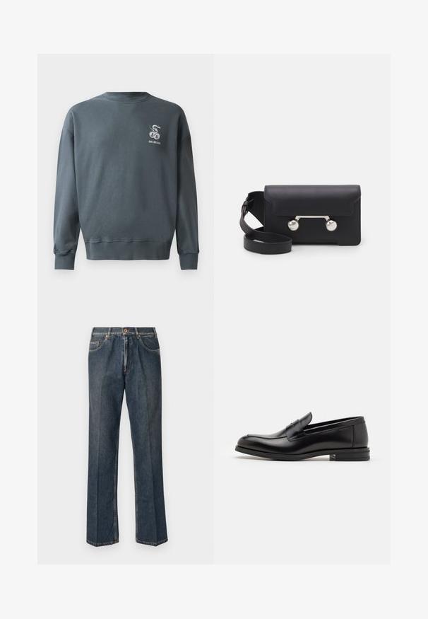 Szürke pamut pulóver kerek nyakkal, bordás mandzsettákkal, és egy kis hímezett kígyólogóval a bal felső mellrészen. Sima textúra.; Sötétkék egyenes szárú farmernadrág elülső gombbal, cipzáros behúzással, dupla elülső zsebekkel és lábszárakon látható függőleges ráncokkal.; Fekete bőr loaferek sima textúrával, kerek orral és dekoratív pánttal a vampnál. Alacsony, rétegelt sarkú, minimalista dizájn.; Fekete bőr keresztpántos táska hajtókával, ezüst színű kiegészítőkkel és két kerek díszítéssel. Levehető pánttal rendelkezik. Simább textúrájú.