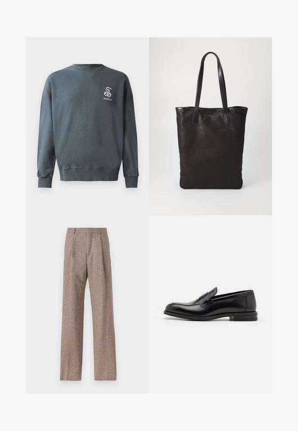 Pelēks kokvilnas džemperis ar apaļu kakla izgriezumu, ribotām aprocēm un mazu izšūtu čūskas logotipu kreisajā augšējā krūtī. Gluda tekstūra.; Brūni, augstos šortos izgatavoti no teksturēta auduma. Iezīmē plašas kājas un divas priekšējās krokas, kas nodrošina struktūru. Kārtīga apdare bez redzamām detaļām.; Melnas ādas kurpes ar gludu tekstūru, noapaļu purngalu un dekoratīvu siksniņu pāri priekšpusei. Zems sakrauts papēdis, minimālisma dizains.; Melnas auduma iepirkumu soma ar melnām ādas rokturiem. Vienkāršs dizains, plaša forma un gluda tekstūra. Nav redzamu logo vai rakstu.