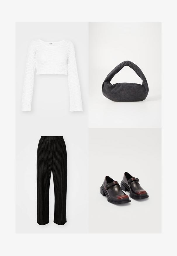 Top branco cropped de manga longa feito de material de renda texturizada, apresentando um decote redondo e punhos de mangas flare, criando um padrão de trama aberta.; Calças largas e pretas com riscas verticais brancas, apresentando uma cintura elástica para conforto e uma textura suave e macia.; Sapatos de tacão bloco em couro com acabamento brilhante em bordeaux escuro, apresentando uma tira com fivela e design de bico arredondado. Sola texturizada para melhor aderência.; Saco de tecido cinza escuro com uma alça curva, textura suave e forma arredondada. Sem hardware ou adornos visíveis.