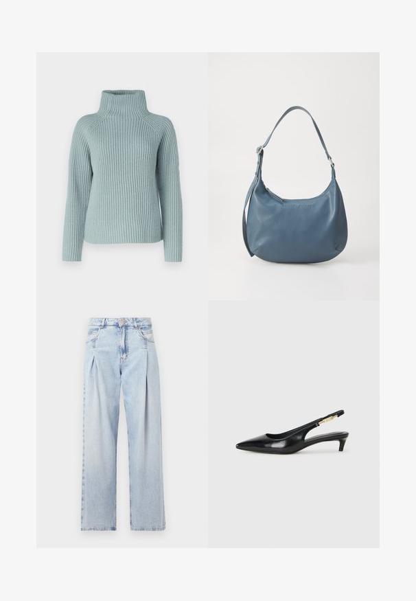 Svjetloplavi pleteni pulover s visokim ovratnikom, rebrastom teksturom i dugim rukavima, s ležernim krojem i bez vidljivih kopčanja ili ukrasa.; Svjetloplave traperice visoko struka, širokog kroja, s dva bočna djepa i naboranim dizajnom. Mekana tekstura s izblijedjelim završetkom.; Črne usnjene sandale na peto z ostro konico, ki imajo tanko peto in zlat ton na nastavljivem traku. Gladka tekstura.; Modra usnjena torbica z zaobljeno obliko, enim naramnim ročajem, zadrgo in vtisnjenim imenom blagovne znamke na sprednji strani. Gladka tekstura.