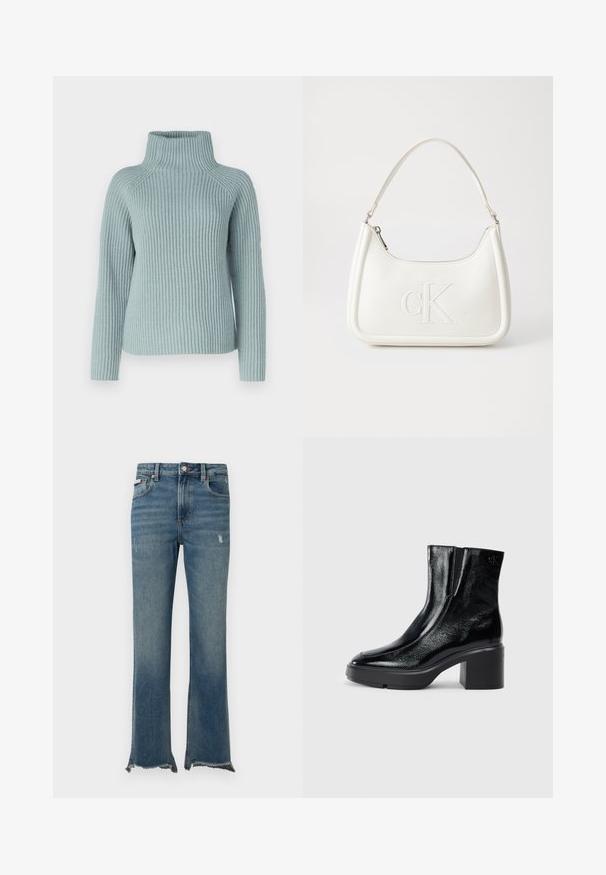 Pulover tricotat de culoare albastru deschis, cu guler înalt, textură ribbed și mâneci lungi, având o croială lejeră și fără închideri sau embellishments vizibile.; Blugi din denim albastru cu uzură ușoară, tivuri dezrădăcinate, buzunare frontale, bucle pentru centură și închidere cu nasture.; Bocanci de gleznă din piele lacuită neagră, cu vârf curbat, panouri elastice pe laterale și toc bloc masiv. Prezintă un logo embosat pe spate.; Geantă de umăr din piele albă cu formă curbată, având un logo "CK" embosat pe partea din față și un singur braț de umăr. Închidere cu fermoar în partea de sus.