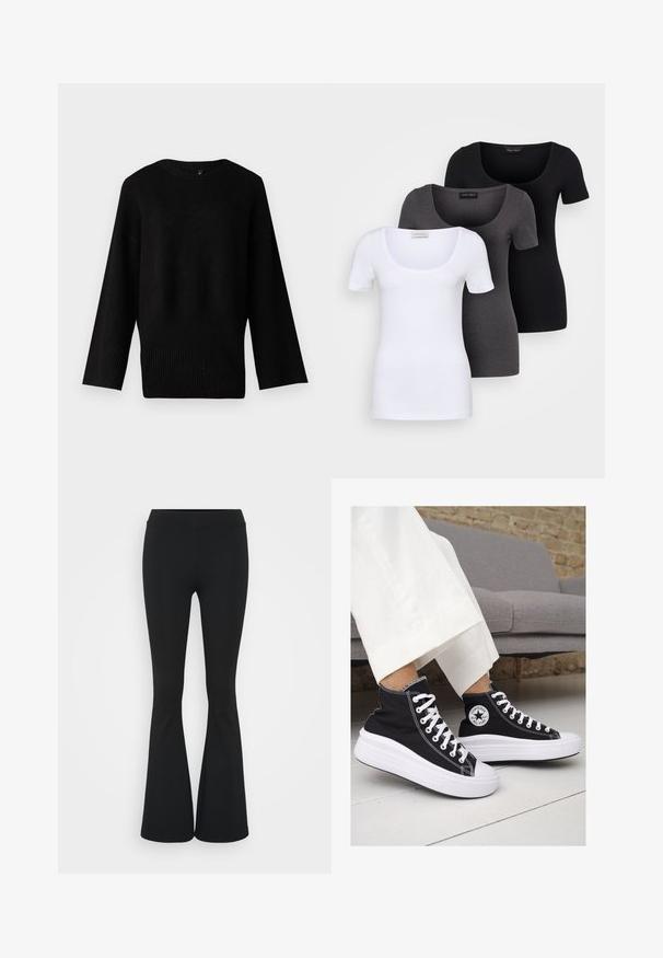 Crna pletena majica s širokim, okruglim izrezom, dugim rukavima i rebrastim rubom. Tekstura izgleda mekano i blago rastezljivo.; Tri fitted T-shirtovi u bijeloj, sivoj i crnoj boji. Svaki ima široki izrez na vratu i kratke rukave. Napravljen od glatkoga, rastezljivog materijala.; Crne trapezaste hlače od rastezljivog materijala, sa visokim pojasom i glatkom teksturom. Hlače se šire od koljena.; Crne platnene visoke tenisice s bijelim gumiranim potplatima i vezicama. Imaju kružni logo sa strane i kontrastne bijele šavove.