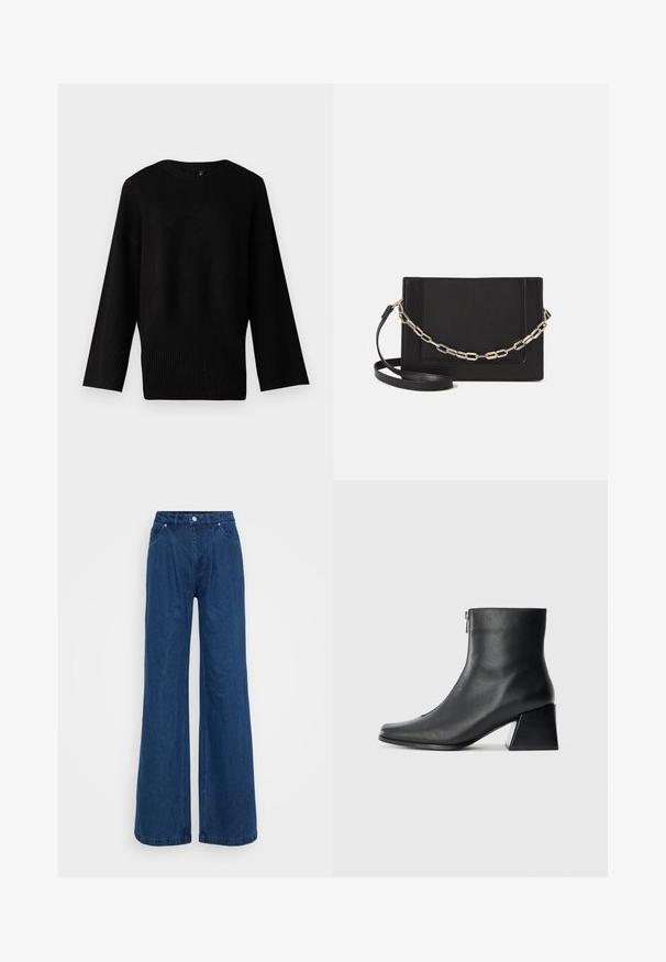 Juodas megztinis su plačiu, apvaliu iškirpimu, ilgomis rankovėmis ir baigtu kraštu. Tekstūra atrodo minkšta ir šiek tiek tampri.; Mėlynos plačios džinsinio audinio kelnės su aukšta juosmens linija, priekyje mygtukas ir užtrauktukas, bei priekinės ir užpakalinės kišenės prieš paprastą foną.; Juodas odinis kulkšninis botas su kvadratiniu pirštu, šoniniu užtrauktuku ir blokuotu kulnu, prieš lengvą paprastą foną.; Juodas odinis per petį nešiojamas krepšys turi lygų paviršių, stačiakampio formą ir metalinę grandinėlę priekyje. Pridedama reguliuojama dirželis.