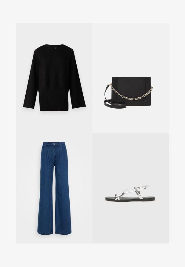 Maglione nero in maglia con un ampio scollo rotondo, maniche lunghe e orlo a costine. La texture appare morbida e leggermente elastica.; Jeans in denim blu a gamba larga con vita alta, chiusura frontale con bottone e zip, e tasche anteriori e posteriori su uno sfondo semplice.; Sandali metallici argento con un design minimalista, caratterizzati da sottili cinturini e una suola piatta nera. Tra i dettagli ci sono accentuazioni con cinturini incrociati.; Borsa a tracolla nera in pelle con una texture liscia, forma rettangolare e dettaglio in catena metallica sul davanti. Inclusa una tracolla regolabile.