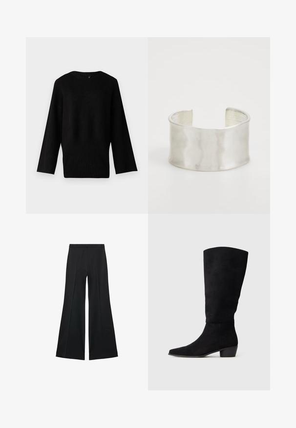 Black knitted sweater with a wide, round neckline, long sleeves, and ribbed hem. The texture appears soft and slightly stretchy.; Black wide-leg pants with a smooth texture, featuring front pleats and a tailored design. The fabric is lightweight and flowy.; Black suede knee-high boot with low block heel and pointed toe, shown in side view on a plain light gray background.; Zign Bracelet - silver-coloured