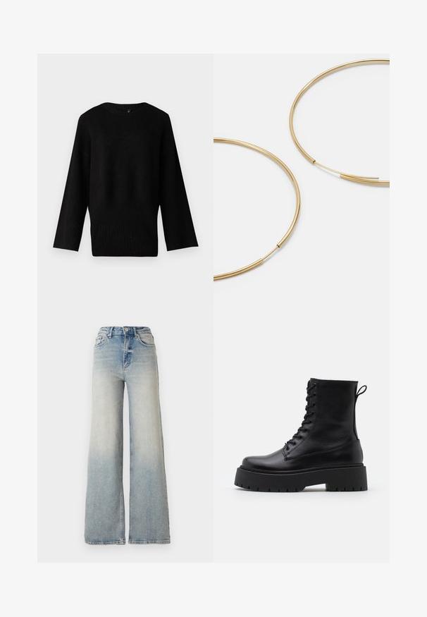 Svart stickad tröja med bred, rund halsringning, långa ärmar och ribbad nederkant. Texturen verkar mjuk och något elastisk.; Ljusblå vida jeans gjorda av denim, med hög midja, fem fickor och synlig sömnad längs sömmarna.; Svarta läderankelboots med rund tå, snörning framtill och en tjock gummisula med strukturerat mönster. Dragflik bak.; Guldiga hoopsörhängen, tunna och runda i formen, med en slät metallisk finish utan utsmyckningar eller mönster.