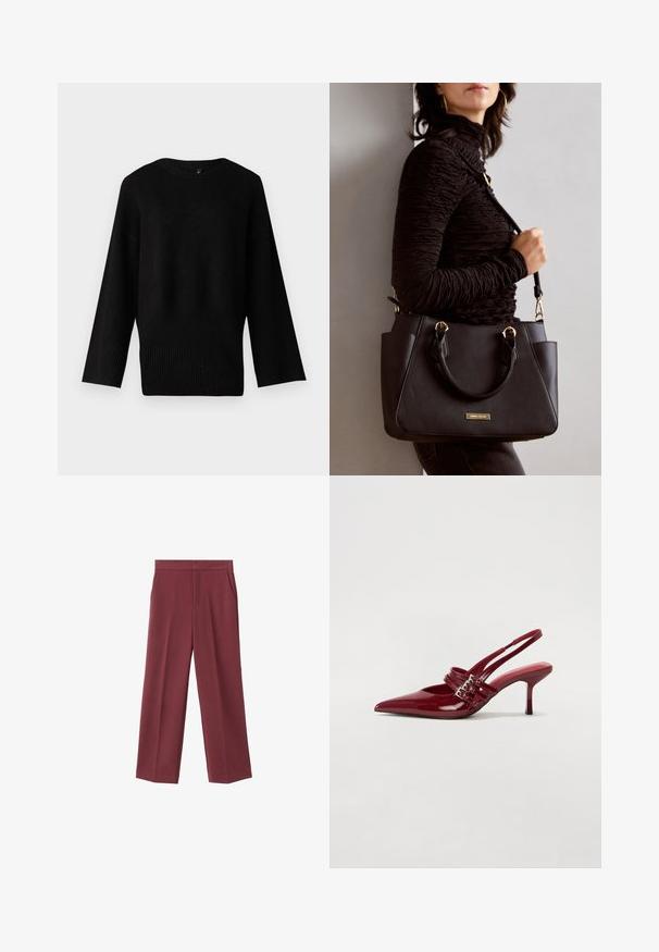 Črna pletena jopica s širokim, okroglim izrezom, dolgimi rokavi in ribanim robom. Tekstura se zdi mehka in rahlo raztegljiva.; Maroonske široke hlače z gladko teksturo, ki imajo stranske žepke in visok pas. Prilagojene z čistim sprednjim pregibom.; Rde lakirane sandalete na peto s ostrim nosom, dvema sponkami in tanko, srednje visokim peto središče. Gladka tekstura.; Črna torbica z teksturirano površino, z dvema zgornjima ročajema in nastavljivim ramenskim pasom. Ima zlatovrateče dodatke in stranske žepe.