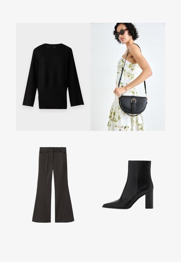 Maglione nero in maglia con un ampio scollo rotondo, maniche lunghe e orlo a costine. La texture appare morbida e leggermente elastica.; Pantaloni neri a zampa d'elefante con vita alta; presentano due tasche frontali e una texture del tessuto liscia. Adatti per varie occasioni.; Stivale alla caviglia in pelle nera con punta affilata, tacco quadrato, texture liscia e dettagli di cucitura lungo le cuciture. I tacchi misurano circa 3,5 pollici.; Borsa a tracolla nera in pelle con una forma curva, manico rimovibile e accessori dorati. La borsa presenta una patta con un dettaglio a fibbia.; Zign Bracciale - silver-coloured