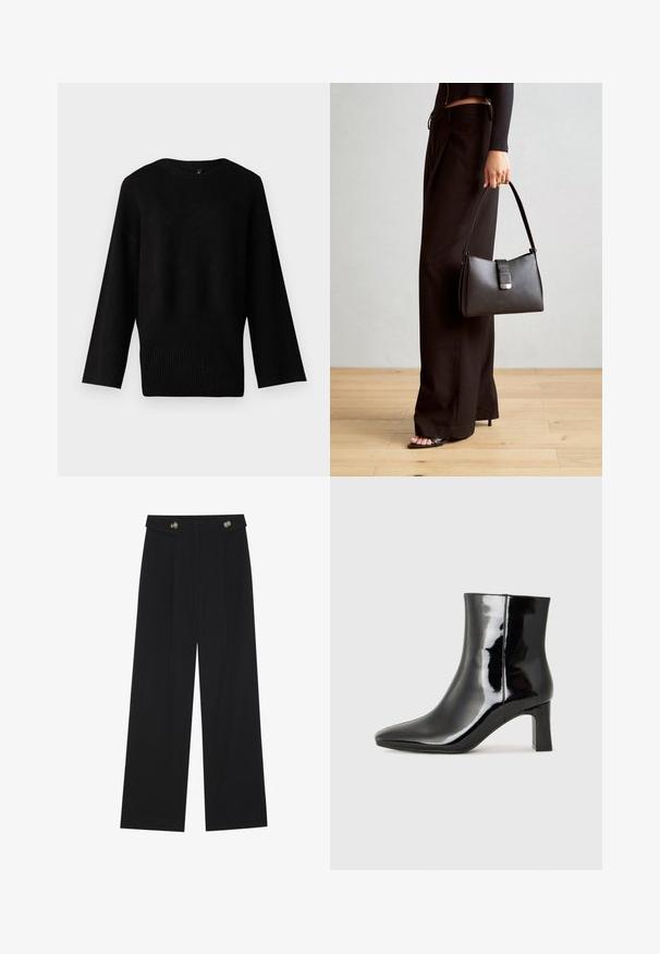 Čierny pletený sveter s širokým, okrúhlym výstrihom, dlhými rukávmi a rebrovaným lemom. Textúra vyzerá mäkká a trochu elastická.; Čierne široké nohavice s vysokým pásom, so zapínaním na gombíky na páse a prednými sklady.; Čierne lakované členkové topánky s špicatou špičkou a stredne vysokým blokovým podpätkom. Hladká textúra a minimalistický dizajn.; Čierna kabelka so štruktúrovaným tvarom, hladkou textúrou a kovovou sponou. V kombinácii so širokými čiernymi nohavicami a sandálmi s otvorenou špičkou na drevenej podlahe.