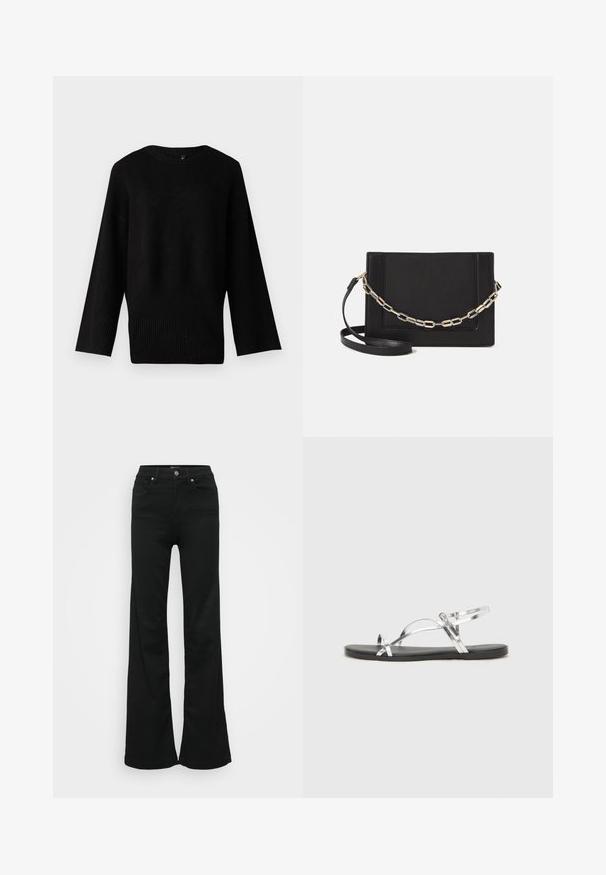 Sort strikket sweater med bred, rund halsudskæring, lange ærmer og ribbede kanter. Teksturen ser blød og let strækbar ud.; Sorte flared jeans lavet af denim, med høj talje, fem lommer og metalknaplukning. Glat tekstur med minimal dekoration.; Sølvmetallic sandaler med et minimalistisk design, der har tynde stropper og en sort flad sål. Derudover er der korsstrop-accenter.; Sort læder crossbody taske med en glat tekstur, rektangulær form og en metallisk kæde detalje foran. Justerbar skulderrem inkluderet.