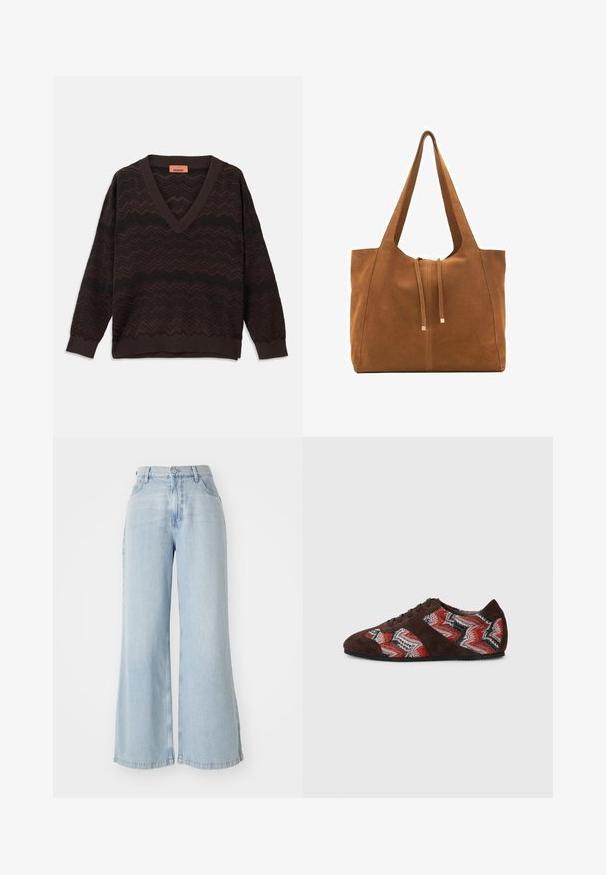 Dunkelbrauner V-Ausschnitt-Pullover mit schwarzem Zickzack-Strickmuster sowie gerippten Bündchen und Saum, flach auf einem weißen Hintergrund ausgelegt.; Hellblaue, weit geschnittene Jeans aus Denim. Merkmale sind eine hohe Taille, ein Verschluss mit vorderem Knopf und zwei seitlichen Taschen. Abgerissene Textur entlang der Kanten.; Braune Wildleder-Sneaker mit einem Zickzack-Muster aus gewebtem Stoff in Rot, Schwarz und Weiß, mit schwarzen Schnürsenkeln und einer Gummisohle.; Braune Wildleder-Tote-Tasche mit weitem Öffnungsbereich, verlängerten Tragriemen und Kordelzugverschluss mit metallischen Akzenten. Glatte Oberfläche mit minimalen Nähten.
