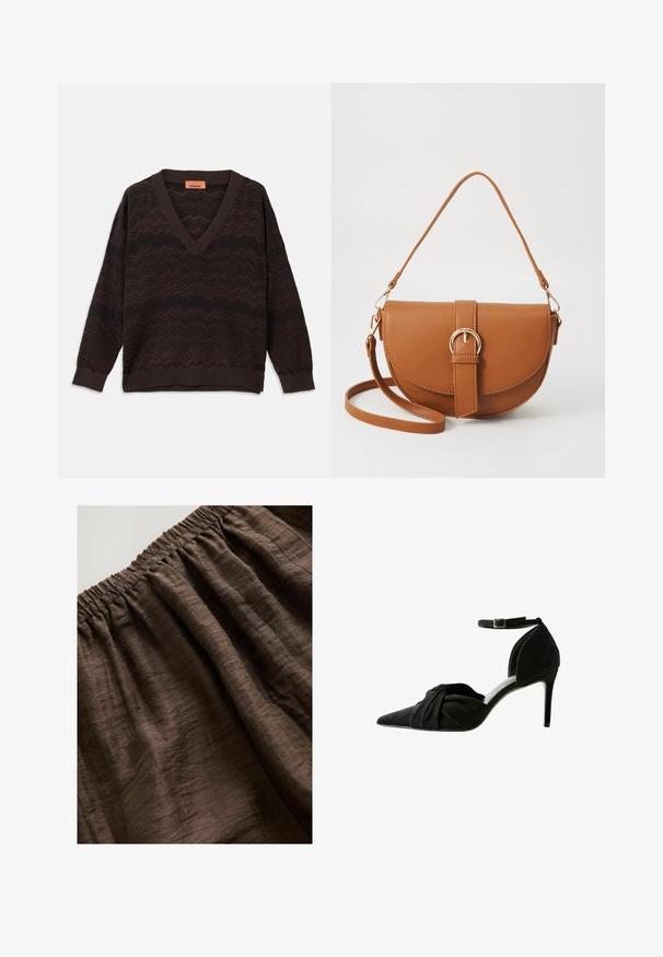 Sötétbarna V-kivágású pulóver fekete zig-zag kötött mintával és bordázott mandzsettákkal és aljjal, fehér háttéren lefektetve.; Barna, elasztikus derékpánt texturált anyagból, puha, gyűrött redőkkel és gazdag, földszínű árnyalattal. Kényelmes viselet mindennapi alkalmakra.; Fekete velúr magassarkú cipő hegyes orral, elülső csomó részletgel és bokapánttal. Karcsú stiletto sarokkal és letisztult dizájnnal rendelkezik.; Barna bőr keresztbody táska ívelt formával, aranyszínű fémrészekkel és csat díszítéssel. Levehető vállpánttal rendelkezik.