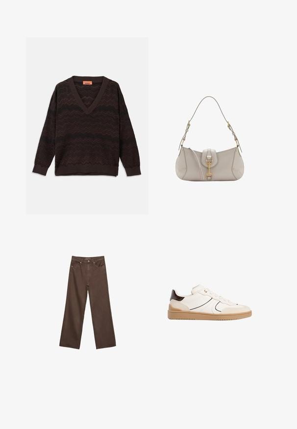 Temno rjav pulover z V-izrezom in črnim cik-cak pletenim vzorcem ter rebrastimi manšetami in robom, položen na belem ozadju.; Široke rjave kavbojke iz denima, ki imajo visok pas, sprednje žepe in klasično zapiranje na gumb. Gladka tekstura s subtilnim šivom.; Stradivarius Športni copati - white; Svetlo siva usnjena torbica s ukrivljeno obliko, zlato kovinsko dodatki, sprednji sponka in šivani detajli. Vključena nastavljiva naramnica.