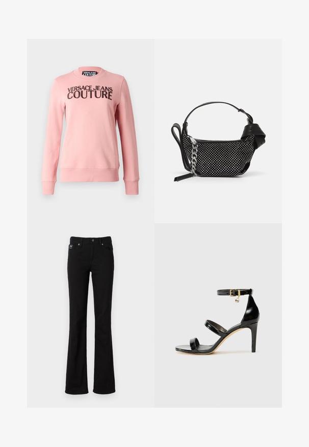 Rozā džemperis, izgatavots no mīkstas auduma, ar uzrakstu "VERSACE JEANS COUTURE" treknajos melnos burtiem pa priekšu. Ar ribotām piedurknēm un apakšmalu.; Melni flared džinsi, izgatavoti no kokvilnas sajaukuma auduma. Iespējas: priekšējā pogu aizdare, piecas kabatas un diskreta logo birka uz jostas.; Melnas lakota ādas sandalēs ar trim siksnām, potītes sprādzi un 4 collu stiletto papēdi. Iespējas ar zelta detaļām un logotipa piekariņu.; Melnā rokassoma ar teksturētu dizainu, rotāta ar sudraba kniedēm un masīvu sudraba ķēdes siksnu. Raksturīga eleganta, minimālistiska forma.