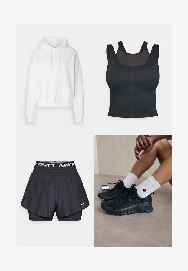 White, hooded sweatshirt with a front pocket, ribbed cuffs, and hem. Soft fabric and relaxed fit, featuring drawstrings on the hood.; Black sports bra featuring a fitted design, wide straps, and a mesh overlay on the front. Smooth texture and minimal seams. Nike logo on hem.; Black athletic shorts with a layered design, featuring a breathable outer layer, elastic waistband with branding, and a small logo on the front.; Black athletic shoes with textured fabric, laced design, and a prominent sole, paired with white ribbed socks featuring a small logo.