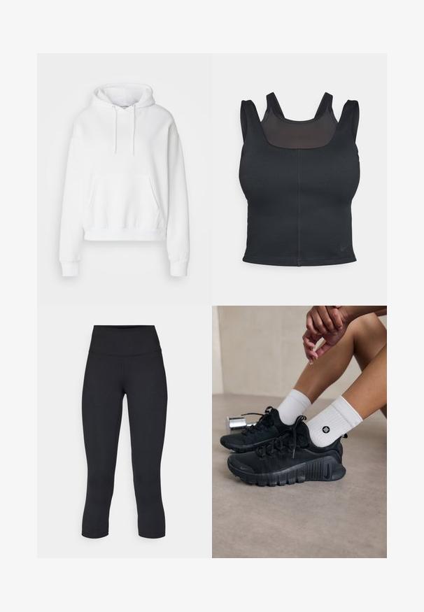 Witte hoodie met een voorzak, ribgebreide boorden en zoom. Zacht materiaal en een ontspannen pasvorm, met trekkoorden aan de capuchon.; Zwarte sportbh met een verstelbaar ontwerp, brede schouderbanden en een gaasoverlay aan de voorkant. Gladde textuur en minimale naden. Nike-logo aan de onderkant.; Zwarte cropped leggings van rekbaar materiaal, met een hoge tailleband en een gladde textuur, zonder zichtbare patronen of hardware.; Zwarte sport schoenen van een gestructureerde stof, met vetersluiting en een opvallende zool, gecombineerd met witte geribbelde sokken met een klein logo.